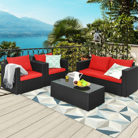 4 Pieces Patio Rattan Conversation Set with Padded Cushion and Tempered