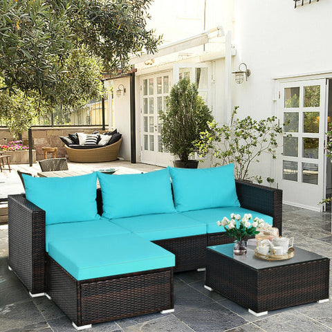 5 Pieces Patio Rattan Furniture Set with Coffee Table-Turquoise 5 Pieces