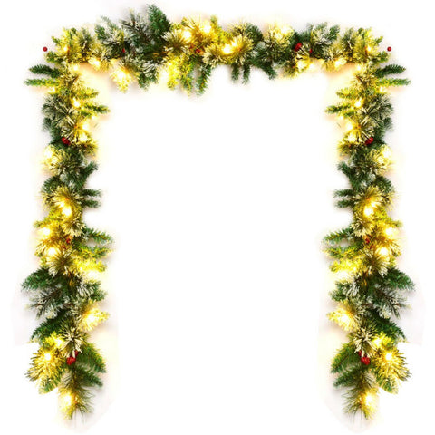9 Feet Pre-lit Snow Flocked Tips Christmas Garland with Red Berries 9 Feet