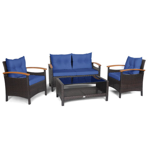 4 Pieces Patio Rattan Furniture Set with Cushioned Sofa and Storage