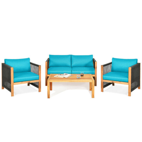 4 Pcs Acacia Wood Outdoor Patio Furniture Set with Cushions-Turquoise 4 Pcs