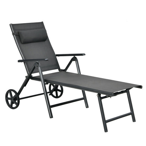 Patio Lounge Chair with Wheels Neck Pillow Aluminum Frame Adjustable-Gray