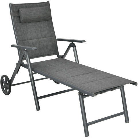 Patio Reclining Chaise Lounge with Adjust Neck Pillow-Gray Patio Reclining
