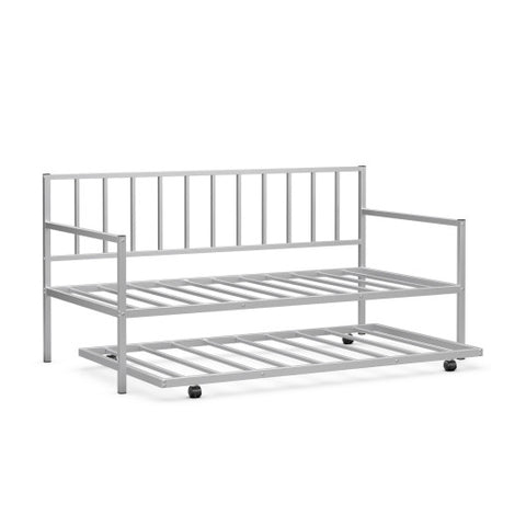 Twin Metal Daybed Sofa Bed Set with Roll Out Trundle-Silver Twin Metal