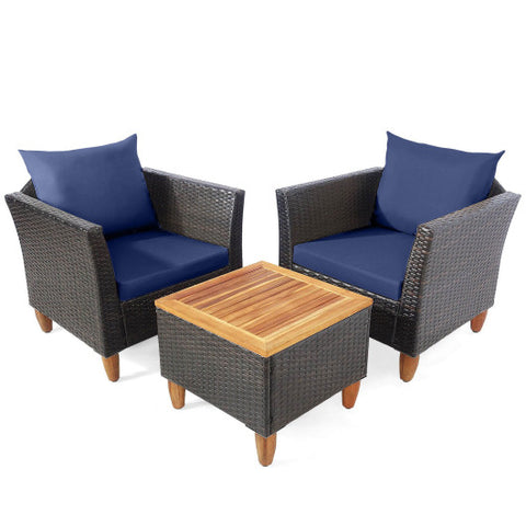 3 Pieces Patio Rattan Bistro Furniture Set with Wooden Table Top-Navy 3