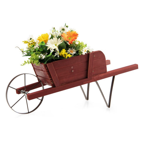 Wooden Wagon Planter with 9 Magnetic Accessories for Garden Yard-Red Wooden