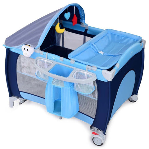 Foldable Baby Crib Playpen with Mosquito Net and Bag-Blue Foldable Baby