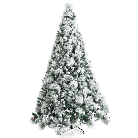 8 Feet Snow Flocked Christmas Tree Glitter Tips with Pine Cone and Red