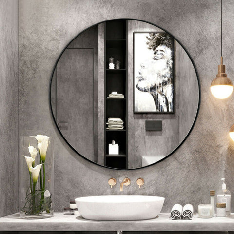 27.5" Modern Metal Wall-Mounted Round Mirror for Bathroom-Black 27.5"