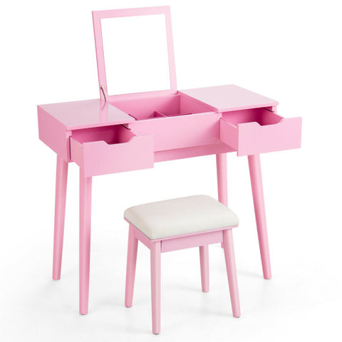 Makeup Vanity Table Set with Flip Top Mirror and 2 Drawers-Pink Makeup