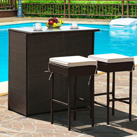 3-piece Rattan Wicker Bar Table Stools Dining Set Cushioned Chairs 3-piece