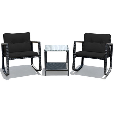 3 Pieces Cushioned Patio Rattan Set with Rocking Chair and Table-Black 3