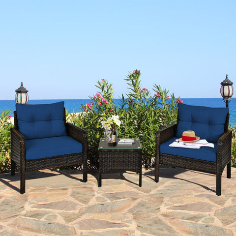 3 Pieces Outdoor Patio Rattan Conversation Set with Seat Cushions-Navy 3