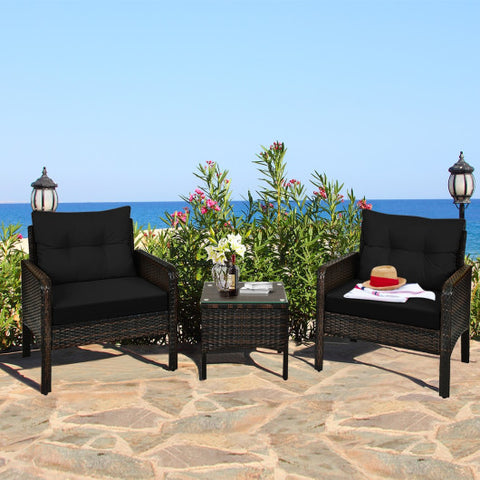 3 Pcs Outdoor Patio Rattan Conversation Set with Seat Cushions-Black 3 Pcs