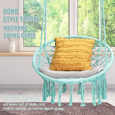 Hanging Macrame Hammock Chair with Handwoven Cotton Backrest-Turquoise