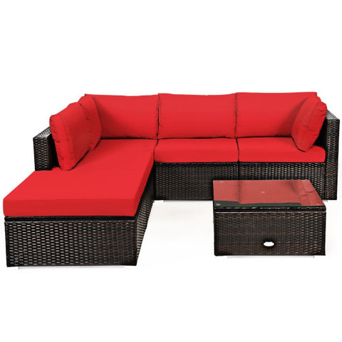 6 Pieces Outdoor Patio Rattan Furniture Set Sofa Ottoman-Red 6 Pieces