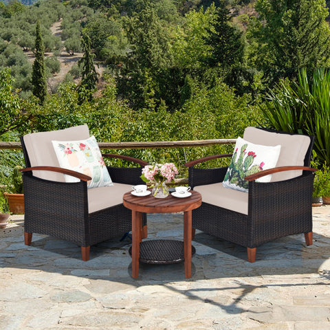 3 Pieces Patio Rattan Furniture Set with Washable Cushion and Acacia Wood