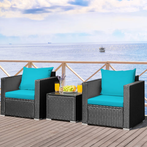 3 Pieces Patio wicker Furniture Set with Cushion-Turquoise 3 Pieces Patio