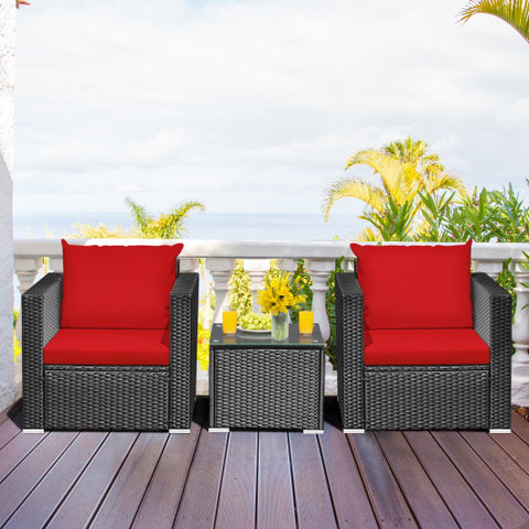 3 Pieces Patio wicker Furniture Set with Cushion-Red 3 Pieces Patio wicker