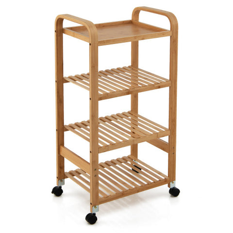 Bamboo Utility Cart with Storage Shelf and Lockable Casters-4-Tier Bamboo