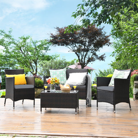 4 Pcs Rattan Outdoor Patio Conversation Furniture Set with Glass Table and