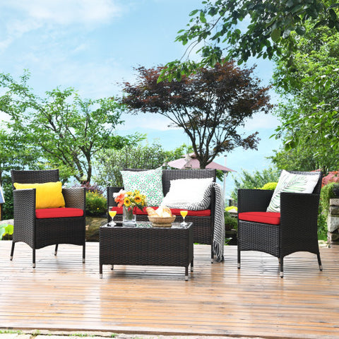 4 Pieces Comfortable Rattan Outdoor Conversation Furniture Set with Glass
