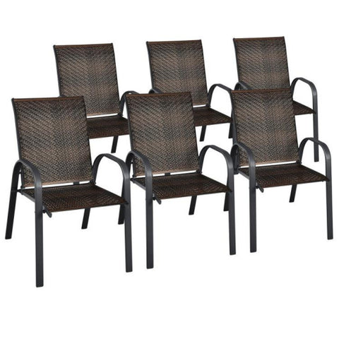 Set of 6 Outdoor PE Wicker Stackable Chairs with Sturdy Steel Frame-Brown