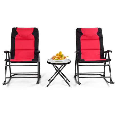 3 Pcs Outdoor Folding Rocking Chair Table Set with Cushion-Black&Red 3 Pcs