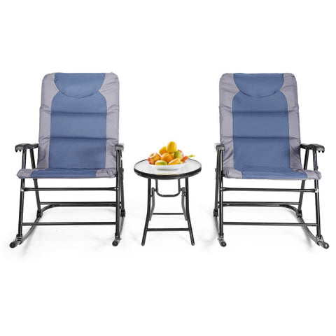 3 Pcs Outdoor Folding Rocking Chair Table Set with Cushion-Blue 3 Pcs