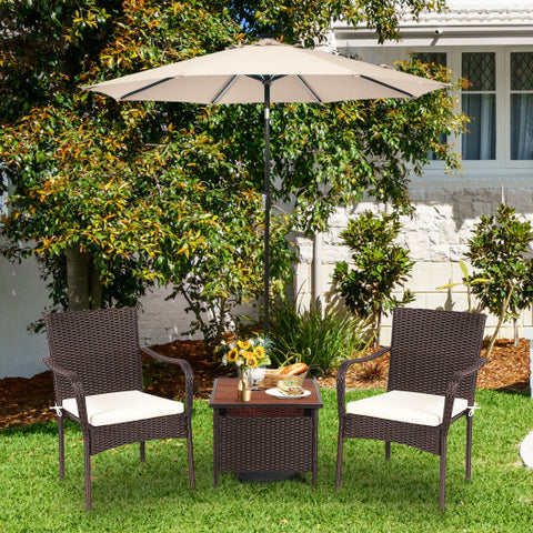 3 Pieces Patio Rattan Furniture Bistro Set with Wood Side Table and