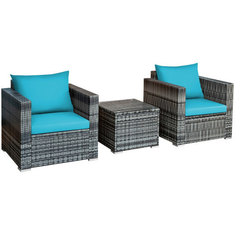 3 Pieces Patio Rattan Furniture Bistro Sofa Set with Cushioned-Turquoise 3
